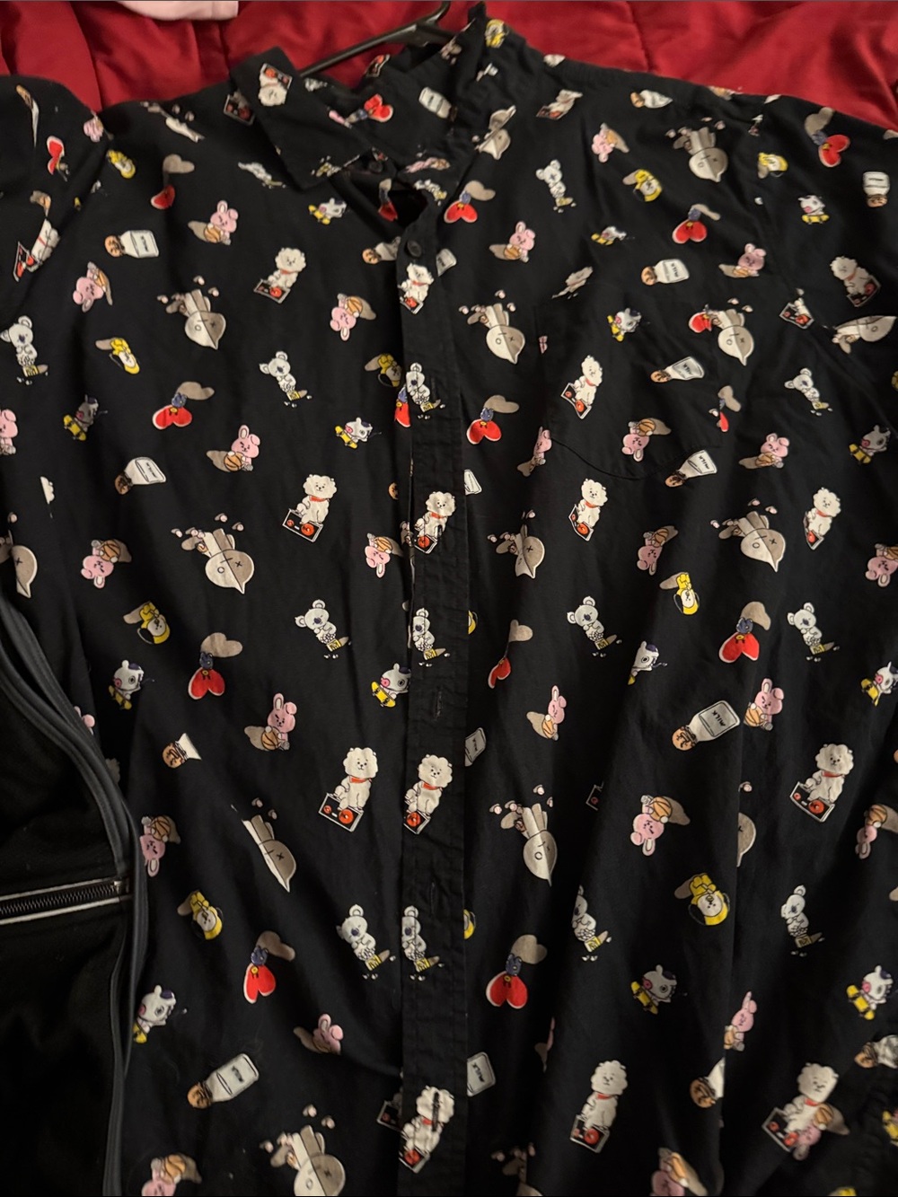 Black Casual Button-Down Shirt with Cute Character Print